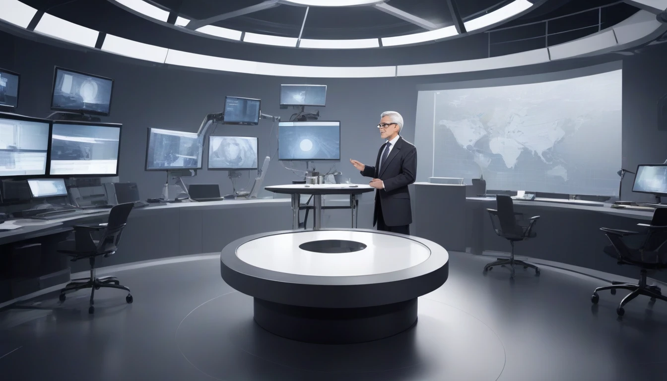 television studio, modern decor, sophisticated environment, round glass table, elegant presenter, suit, microphone, experts, Dr. Miguel, white coat, stethoscope, engineer, dark suit, tablet, scientist, lab coat, protective glasses, Professor Charlotte Miller, gray hair, skirt and blazer set, respectable figure, high technology, screens, graphics, nanotechnology images, atmosphere of innovation, concentrated expressions, inviting gesture, attentive audience