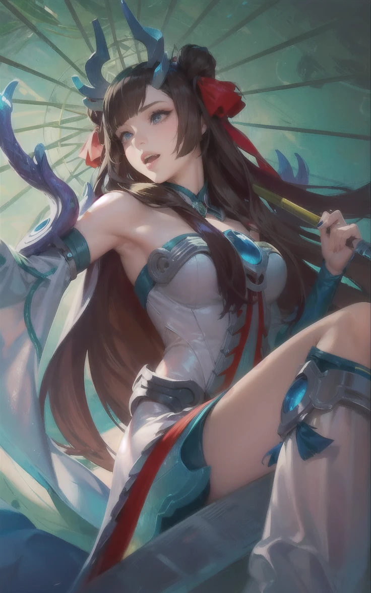 -arcana,arcana,Windranger anime style, solo, bow \(weapon\), weapon, 1girl, simple background, flower, long hair,, bug, green eyes, arrow \(projectile\), no humans, full bodyexposed belly, brown hair with red tips, short, (big boobs)