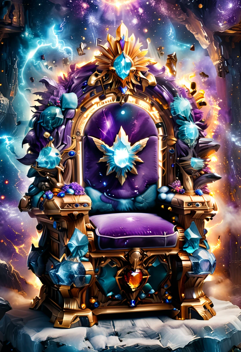 a picture of a massive epic throne, it has purple silk cushions, rubies, topaz, aquamarine gemstones artwork, the throne is epic in its majestic, power, and royalty, symmetric with many wood leonine carvings on the handle, a majestic bold eagle head carving on the top of the seat of the throne, there is and gem artwork, behind the throne there are stars and nebulas of space a sense of high royalty, nobility and magic , (masterpiece: 1.4) intense details, highly detailed, photorealistic, best quality, highres,16k, [ultra detailed], masterpiece, best quality, (extremely detailed), close up, ultra wide shot, photorealistic, RAW, fantasy art, dnd art, fantasy art, realistic art,((best quality)), ((masterpiece)), (detailed: 1.5)