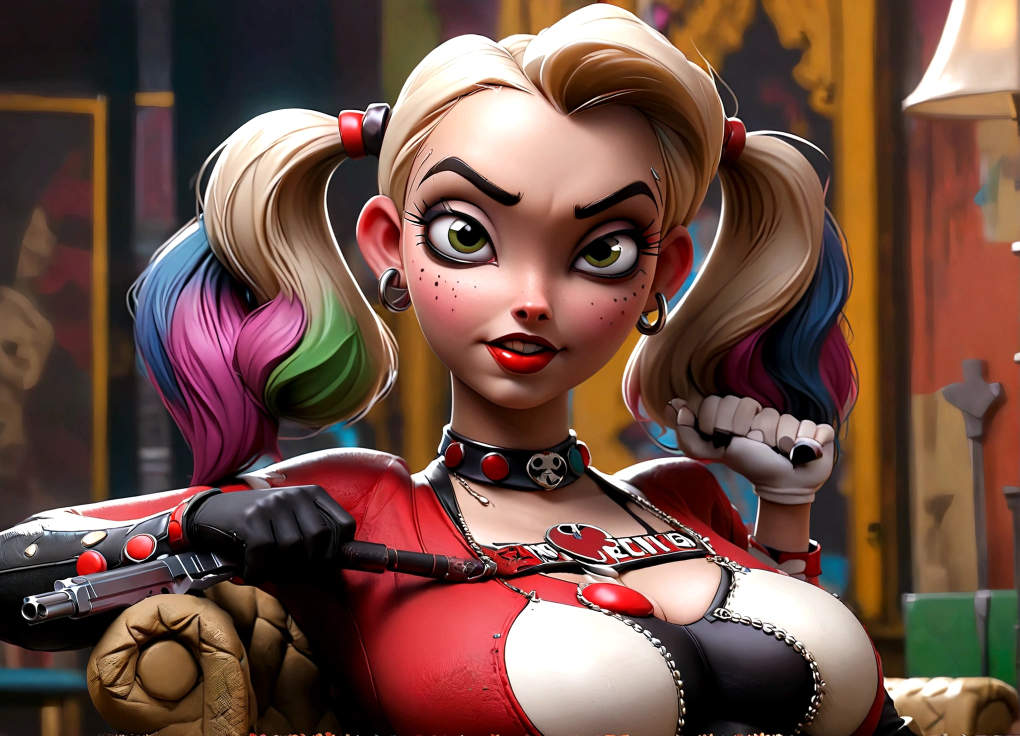 Harley Quinn (crazy make up, sexy small outfit, guns, pet hyenas), is posing crazy and sexy near her Joker themed throne in a 'Fun House of Death'