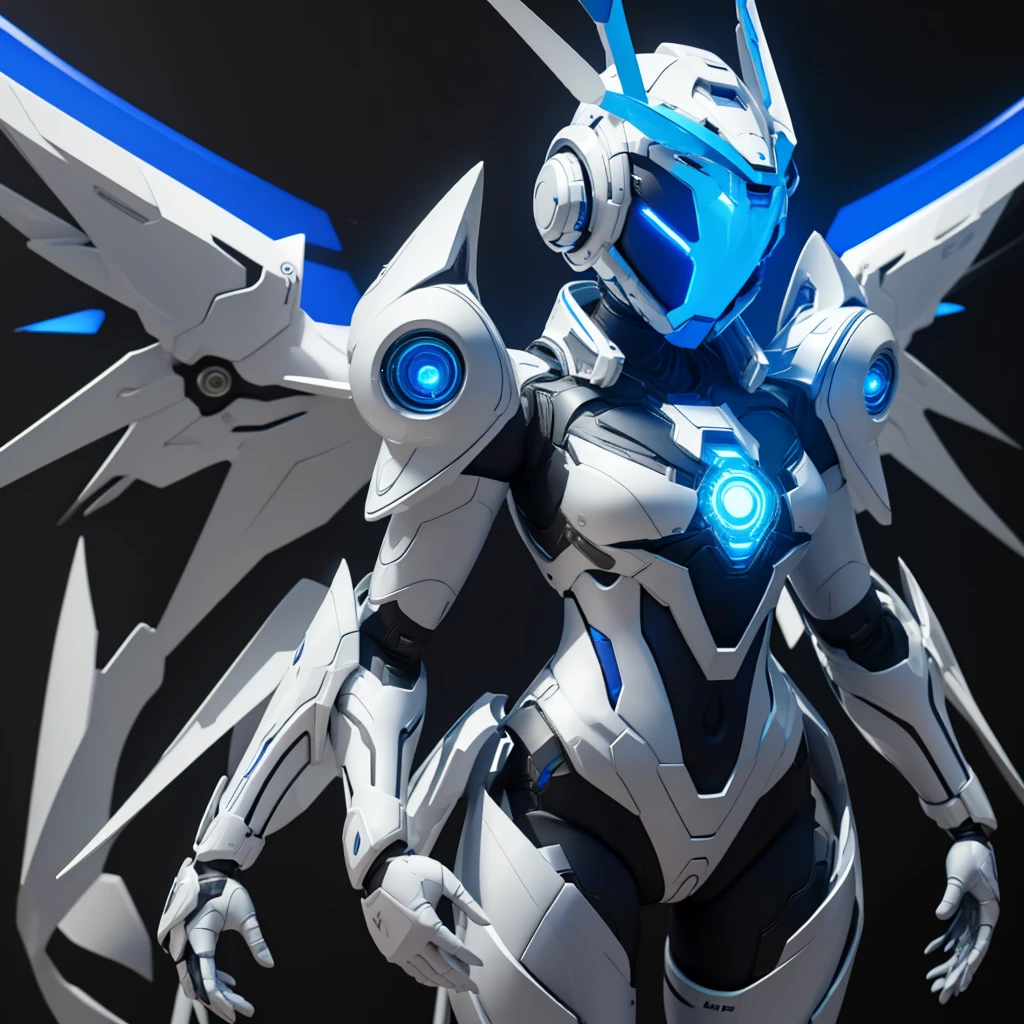 Dronificated unknown girl () in a fully enclosed white latex fullbody suit with blue lights across the suit and star shaped glowing core in the chest, fully enclosed cyber helmet that cover her whole face and hides her identity with a blue screen that has a white star, flat chest, short, open Mechanical wings, in a fores, no face, no hair, no mouth, no eyes, (perfect anatomy)