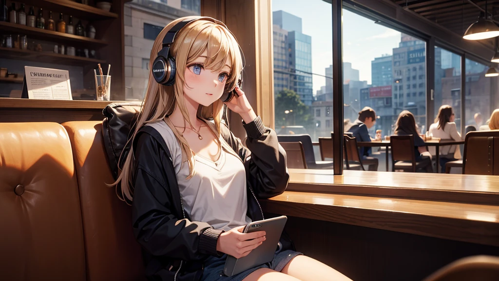 Girl with headphones enjoying music in a cafe I am studying Emphasize a little bit of the chest