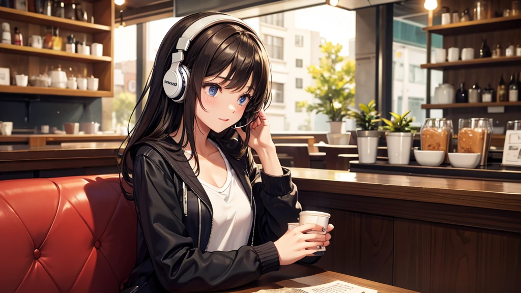 Girl with headphones enjoying music in a cafe I am studying Emphasize a little bit of the chest
