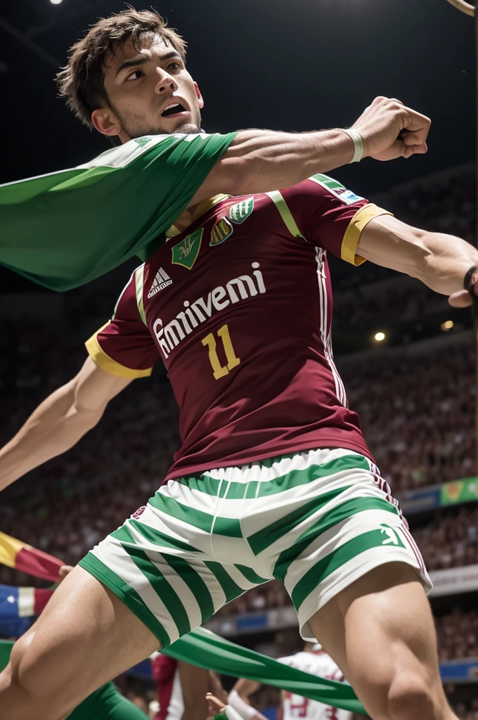 Medieval warrior wearing the Fluminense shirt with green and white stripes and vertical maroon, in combat position with closed fists in Maracanã crowded with maroon and green flags 