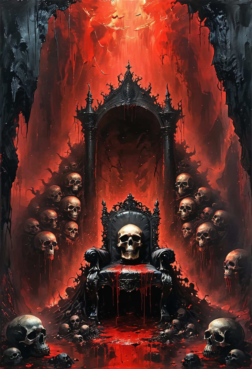 Cave,Underground Kingdom,Gothic style,A painting,(((The throne on the platform,sharp,)))On a pile of skulls, Disturbing, crawl, gloomy, rotten, Blood rushes like a river,