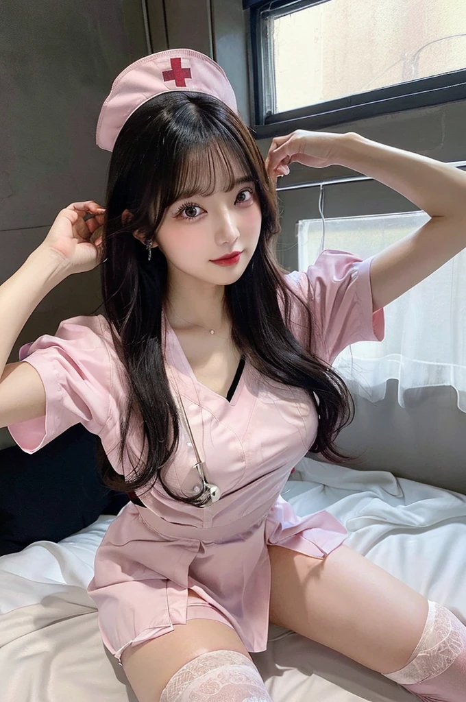 Browsing Caution、((valley:1.5))、Exposed nipples、Big Tits 、(((pink nurse uniform))、whole body、double eyelid、valley、Hospital room、White garter belt、On the bed、(spread legs:1.5)、Highest quality, Very detailed, Fine details, High resolution, 8K, Perfect dynamic composition, Beautiful details, Beautiful 20 year old woman、The only person,Black Hair、Glamorous Body、Cute face、V-neck、Bright lights、Raise your arms、Two Arms