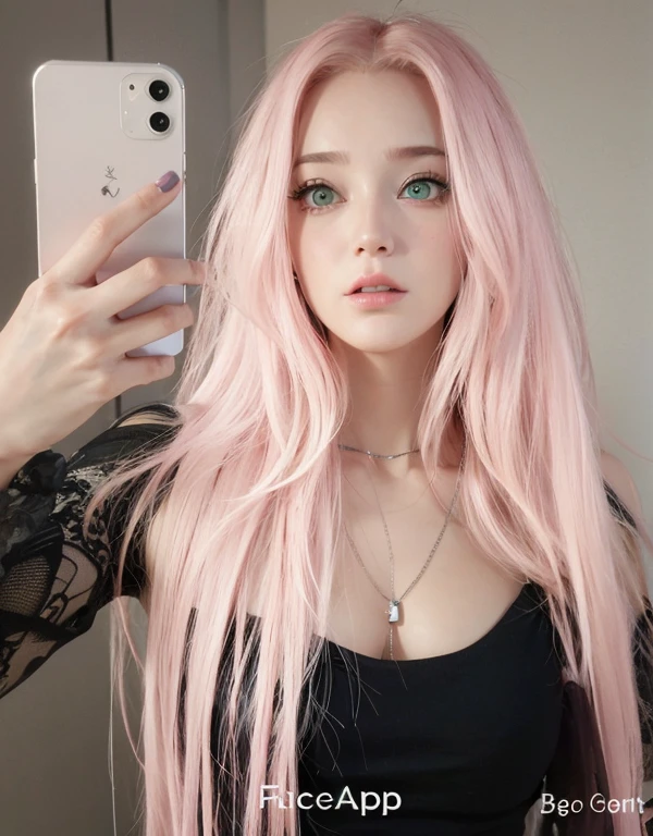 young woman, short shoulder-length pink hair, wide forehead, porcelain skin, pink eyebrows, big emerald green eyes, buttoned nose, full lips, heart-shaped face, slender body, small breasts, red tank top, Sakura Haruno , realistic, realism, details, 3d, well detailed
