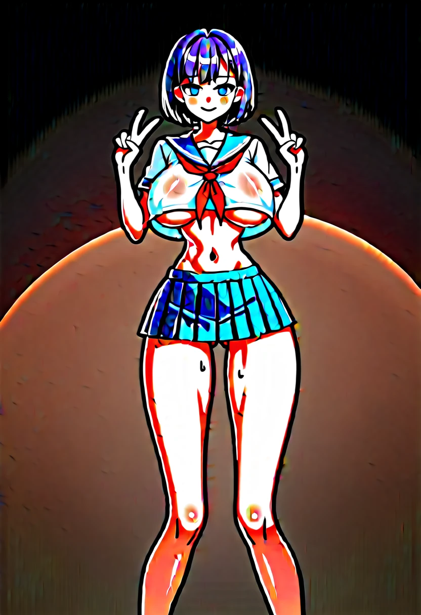 (masterpiece, best quality:1.2), front shot, beautiful 1girl, (micro waist, very long legs:1.4), (super big breasts:1.2), Black hair, short bob hair, short height, scrawny and thin body, Light Skin, cute big eyes, cute beautiful thin face, forced smile, serafuku, mini skirt, pigeon-toed, wet and sweaty, visible ribs, Long and thin navel, V sign, Trembling, her breasts fondled by ugly woman