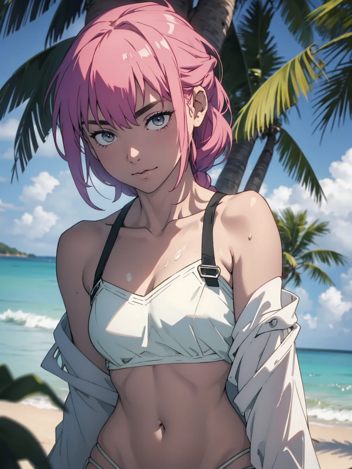 White off-the-shoulder bikini on the beach in Palau（Sweat, Bikini without shoulder straps、No shoulder strap、Show your shoulders）Surreal Japanese Portraits,Works that influenced Antonio Lopez&#39;technology, Close zipper, Ron Mueck, Richard Estes, Marilyn Minter、Purple and blue gradation eyes enveloped in the mystery of the universe,(String Bikini:1.2)、Perfect lighting, (Perfect hands, Perfect Anatomy)、whole body（1:2）、that&#39;that&#39;the wind is strong、Excellent style,Complete body balance、Dynamic Acid Pose（1:2）、（16:Specializing in aspect ratio 9）,sunglasses、Stiletto heels

