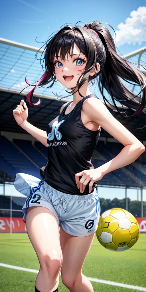 # Prompt for SeaArt

An anime-style illustration of a girl with the following characteristics:
- Wearing a black tank top
- Black hair
- Blue eyes
- Smiling
- Playing soccer

Background:
- Soccer field or a park with a soccer goal

Art style:
- Bright, colorful anime style with attention to facial expressions and dynamic movement