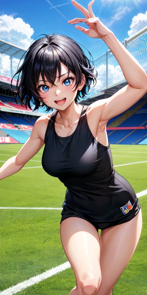 # Prompt for SeaArt
An anime-style illustration of a girl with the following characteristics:
- Wearing a black tank top
- Black hair
- Blue eyes
- Smiling
- Playing soccer
Background:
- Soccer field or a park with a soccer goal
Art style:
- Bright, colorful anime style with attention to facial expressions and dynamic movement