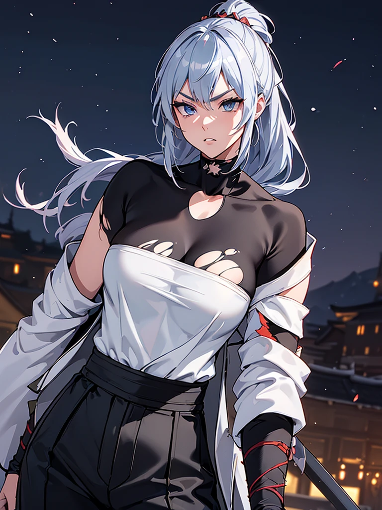 a female samurai, beautiful detailed eyes, beautiful detailed lips, extremely detailed face, long eyelashes,hyper realistic lighting,(super detailed:1.3),((best quality:1.2)),((masterpiece:1.2)),female focus,lonely beauty,(nighttime:1.6),(standing in a medieval europe castletown),cowboy shot,cleavage,((white chest sarashi:1.125)),topknot,muted dark blue hair:1.1,(white samurai coat),(black samurai pants:1.3),(angry:1.05),(wearing one sleeve),(torn sleeve:1.45),(katana sword on hip:1.06),(torn clothing)