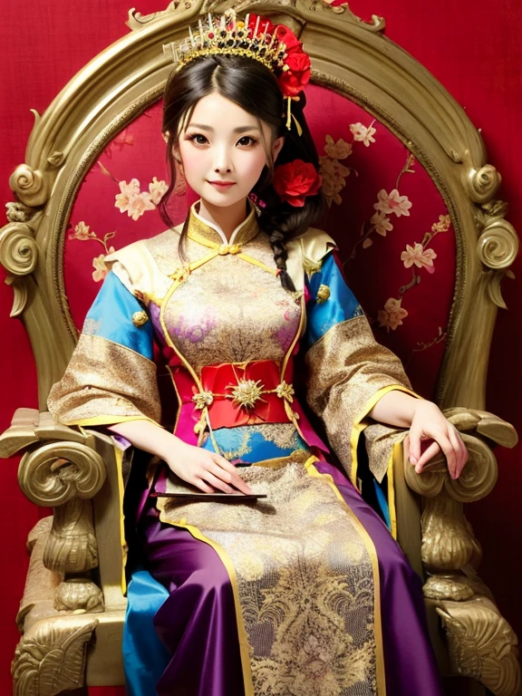One girl, (Throne), (Liangbatou), Gorgeous, gold and silver, silk, gem, Flower and bird painting, Chinese ancient, Royal Family, Three-dimensional, Gorgeous,sitting, wide sleeves, Hand fan, dress, blurry, traditional media, red background, braid, traditional clothes, Cowboy Shot,