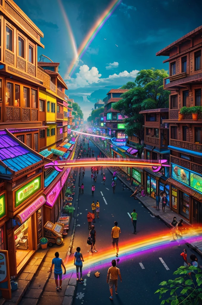 Create an image of a nature village with flying and shree ram in a neon style with a busy street village full of pedestrians, futuristic gadgets and devices and the creator of chilli chasing a fugitive, against the backdrop of a rainbow and sunset in the s