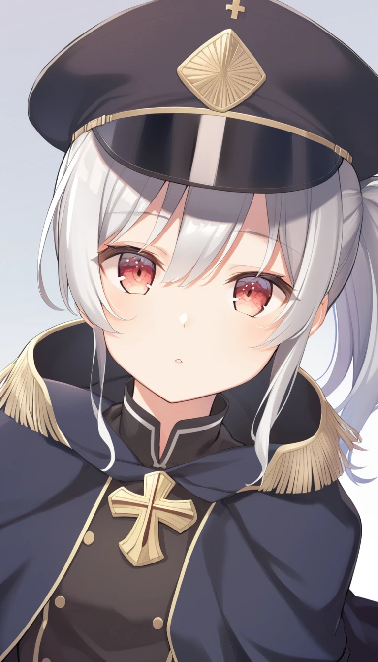 1 Girl, , Long hair,, Silver hair, , Red eyes, front, Head up and cross waist, Military cap, shawl, Handsome, portrait, Upper Body，