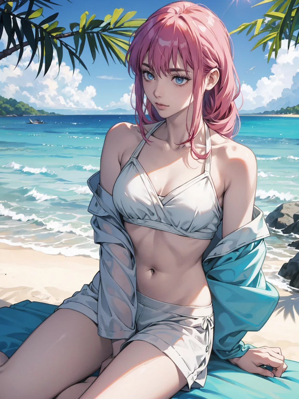 White off-the-shoulder bikini on the beach in Palau(Sweat, Bikini without shoulder straps、No shoulder strap、Show your shoulders)Surreal Japanese Portraits,Works that influenced Antonio Lopez'technology, Close zipper, Ron Mueck, Richard Estes, Marilyn Minter、Purple and blue gradation eyes enveloped in the mystery of the universe,(String Bikini:1.2)、Perfect lighting, (Perfect hands, Perfect Anatomy)、whole body(1:2)、that'that'the wind is strong、Excellent style,Complete body balance、Dynamic Acid Pose(1:2)、(16:Specializing in aspect ratio 9),sunglasses、Stiletto heels