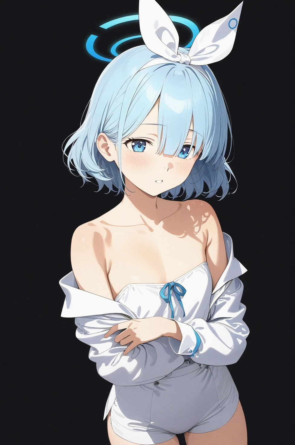 best quality, amazing quality, very aesthetic, absurdres, 1girl, arona (blue archive), blue archive, blue eyes, hair, strapless, (artist official art:1.5), (realistic face), (narrowed eyes), (cowboy shot:2), (concept art:1.5), panties, (thigh), expressive eyes, perfect face, 4k, extremely detailed anime illustration, extremely detailed eyes, enhanced details, perfect anatomy, light rays, photo background, extremely delicate body, smooth skin, feminine expression, (black background:1.5), cristal clear eyes, beautiful face, small breasts
