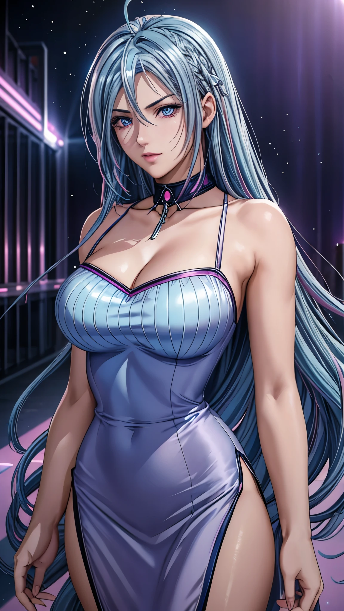 best quality, masterpiece, high resolution, A girl, blond, blue eyes, Fashion, necklace, jewelry, Pretty Face, Perfect breasts, more than_Body, Tyndall effect, lifelike, Dark Studio, Side light, Two-color lighting, (HD Skin:1.2), mature woman, one person, (Silver blue hair streaked pink purple:1.4), (Gradient sky blue hair ends:1.6), hair strand, absurdly long hair, single sidelock, wavy hair, shiny hair, floating hair, (Illusion deep purple eyes), delicate eyes, aqua eyes, super high detailed eyes, long upper eyelashes, ((glowing eyes)), makeup, Focus on face, Very detailed facial, hot body, break, on the street, looking at the starry night sky, meteor, Technical clothing masterpiece, White extra long skirt, cyberpunk, detailed background, perfect layer cut, clean focus, realism, chiaroscuro, (glowing light), sparkle, ray tracing, cinematic lighting, Futurism, motion blur, atmospheric perspective, Depth of Field, Bokeh, best quality, UHD, super detail, masterpiece, highres, ccurate, retina, anatomically correct