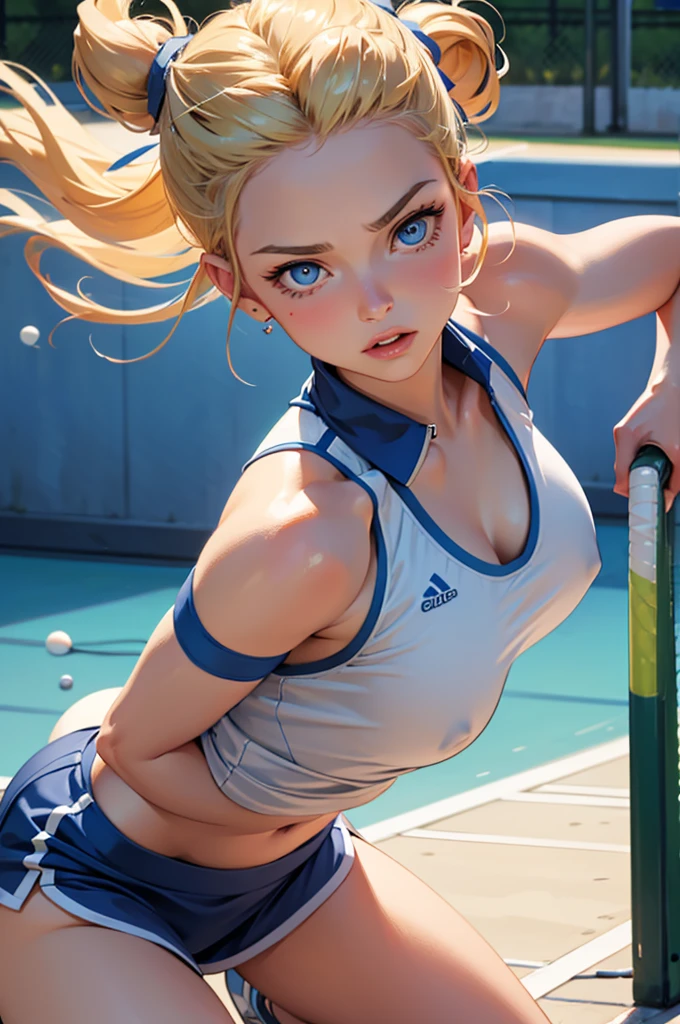 A beautiful mid-twenties woman with long, blonde hair up in a bun. She has big, blue eyes and delicate features, with a confident and dominant expression. She is in tennis clothes with her top off, reaveling her breasts. She is squting in a reavealing pose. The background shows a tennis court, and her outfit is sporty. The scene shows her whole body in action, rendered in a highly detailed digital painting style. The focus is on vibrant colors, dynamic lighting, and artistic details, capturing the energy and motion of the moment