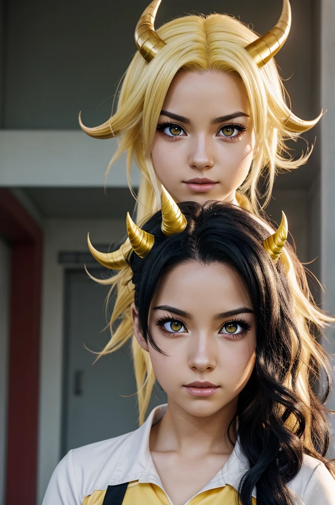 Screenshot anime Boku no hero academia, young woman, white-skinned British ethnicity, half red half black hair long wavy eyes, golden eyes, slanted with yellow horns