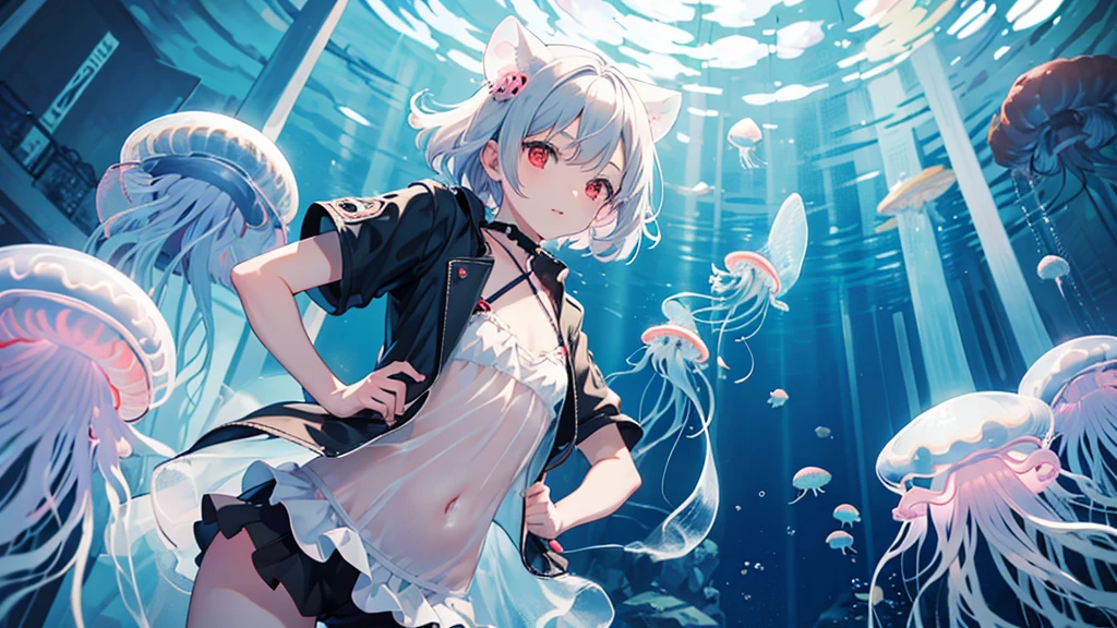 anime, cute女の子,Flat Chest,cute,(Jellyfish Girl:1.2), Red eyes, Put your arms behind your back,Underwater, White Crisscross Halter Camisole, Black jacket, Black shorts, Silver Hair, Very short hair, {{blue highlights in hair}}