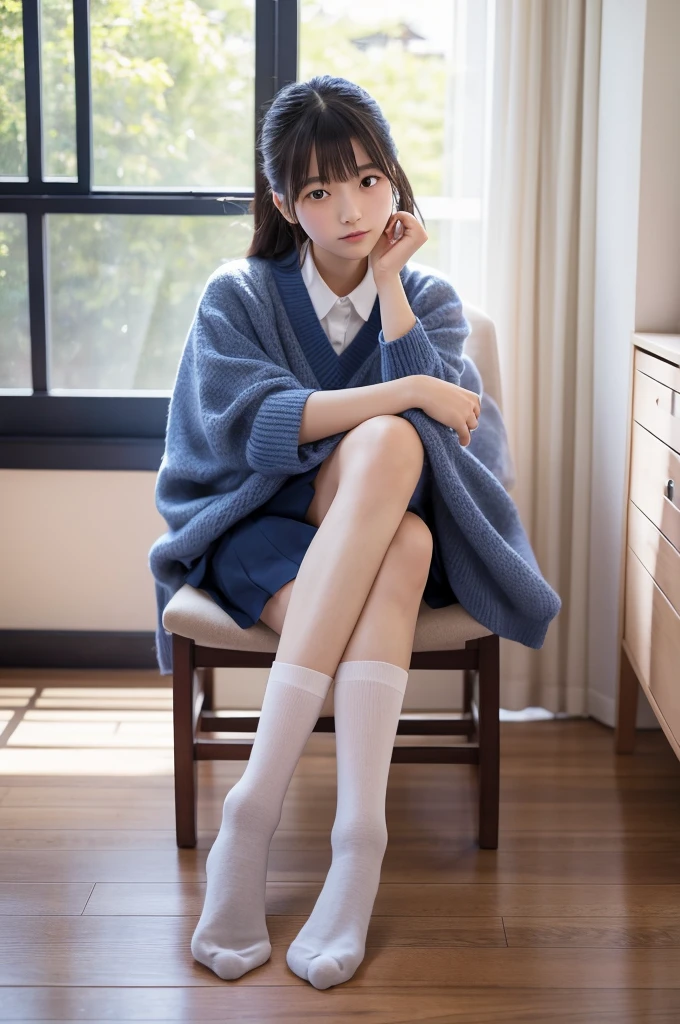 Graceful young Japanese woman,17 years old,sitting chair,,no hands,focus on joints/connections,Short navy blue socks,nogizaka46, close-up shot of feet,only feet photo,feminine charm,high resolution,sun light,sunny day