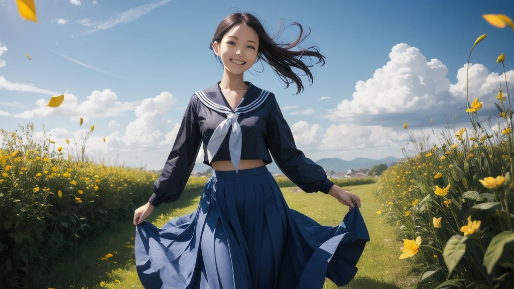 (masterpiece),  town,  blue sky,  One Girl,  smile,  alone,  Sailor suit、Long skirt,  Overgrown,  petal,  plant、Skirt lining、Translucent slip、Nostalgic、Strong winds、Skirt fluttering in the wind