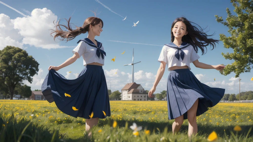 (masterpiece), town, blue sky, One Girl, smile, alone, Sailor suit、Long skirt, Overgrown, petal, plant、Skirt lining、Translucent slip、Nostalgic、Strong winds、Skirt fluttering in the wind