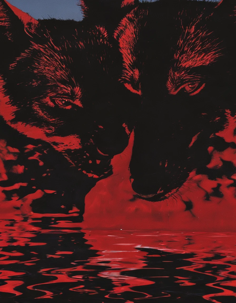 black cats kissing in black water, red sunset background