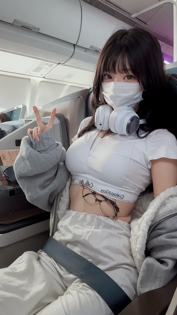 Prompt:1girl, solo, fit, midriff, sweat, shiny skin, glossy skin, oiled, abs, bright skin, clear eyes, black hair, huge breasts, thick thighs, wide hips, curvy, standing, from above, bikini, clear sky, jacket, open jacket, (denim shorts:1.1) Negative Prompt:ugly, tiling, poorly drawn hands, poorly drawn feet, poorly drawn face, out of frame, extra limbs, disfigured, deformed, body out of frame, bad anatomy, watermark, signature, cut off, low contrast, underexposed, overexposed, bad art, beginner, amateur, distorted face,bondage (Shibari,hands tied behind back:1.5), (Shibari:1.21), BDSM,Tied up, legs stretched out, sitting on an airplane seat.Happy expression, legs tied, restricting movement , ballgag