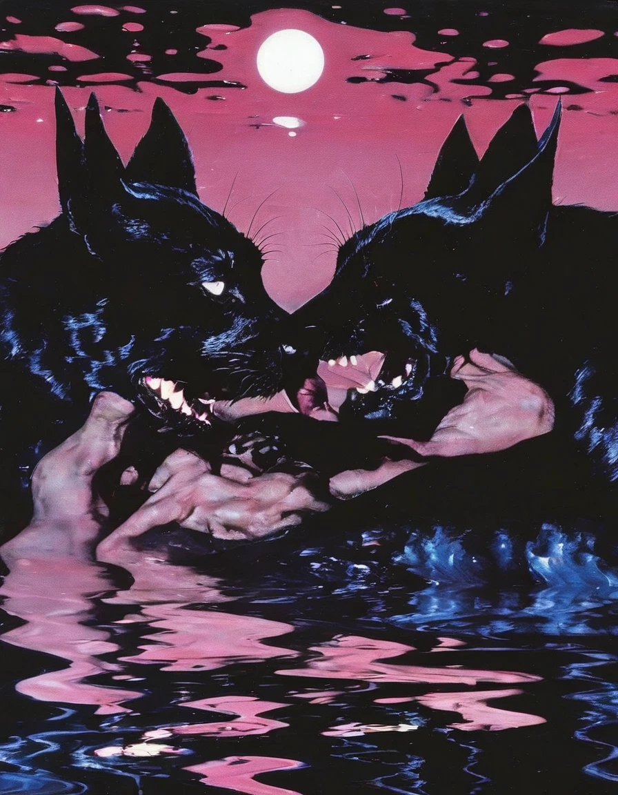 black cats kissing in black water, pink sunset background