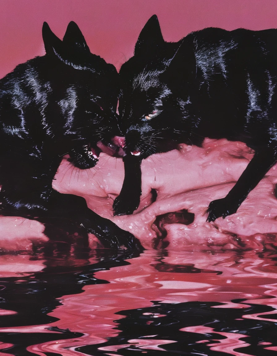 black cats kissing in black water, pink sunset background
