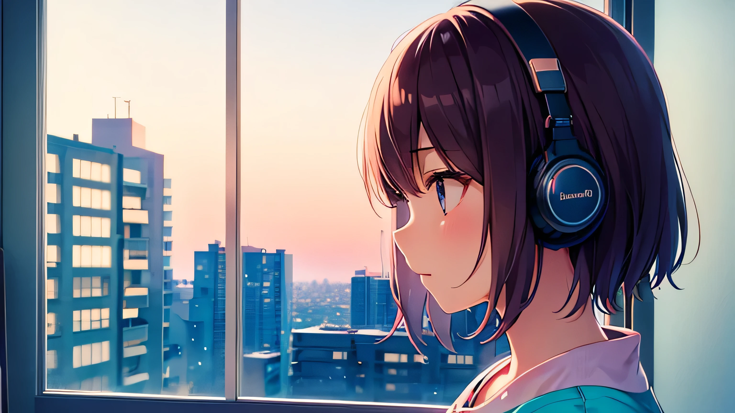 City Pop Style, A girl is listening to music from inside the room, Outside the window is the beach, The girl is looking out the window