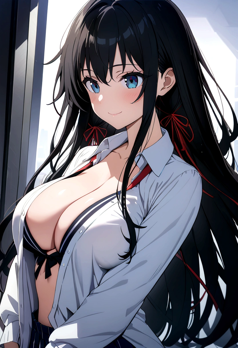 One Woman, Highest quality, masterpiece, Ultra HD, Beautiful breasts, Cleavage, anime, super beautiful, high school girl, Beautiful breasts, Shapely breasts, Upper Body, smile, , Open shirt, cool, Yukinoshita Yukino, Black Hair, Long Hair, 