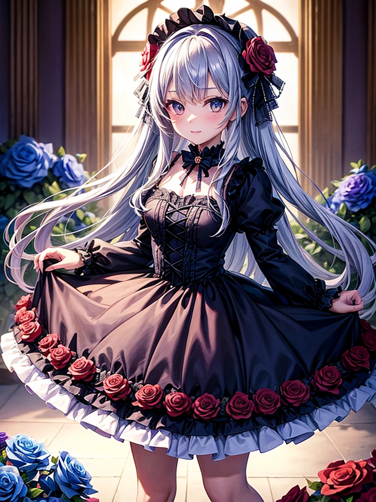 Highest quality,Highest Resolution,A girl in a dress surrounded by roses,Gothic Lolita,Blue roses are blooming,Purple roses are blooming,