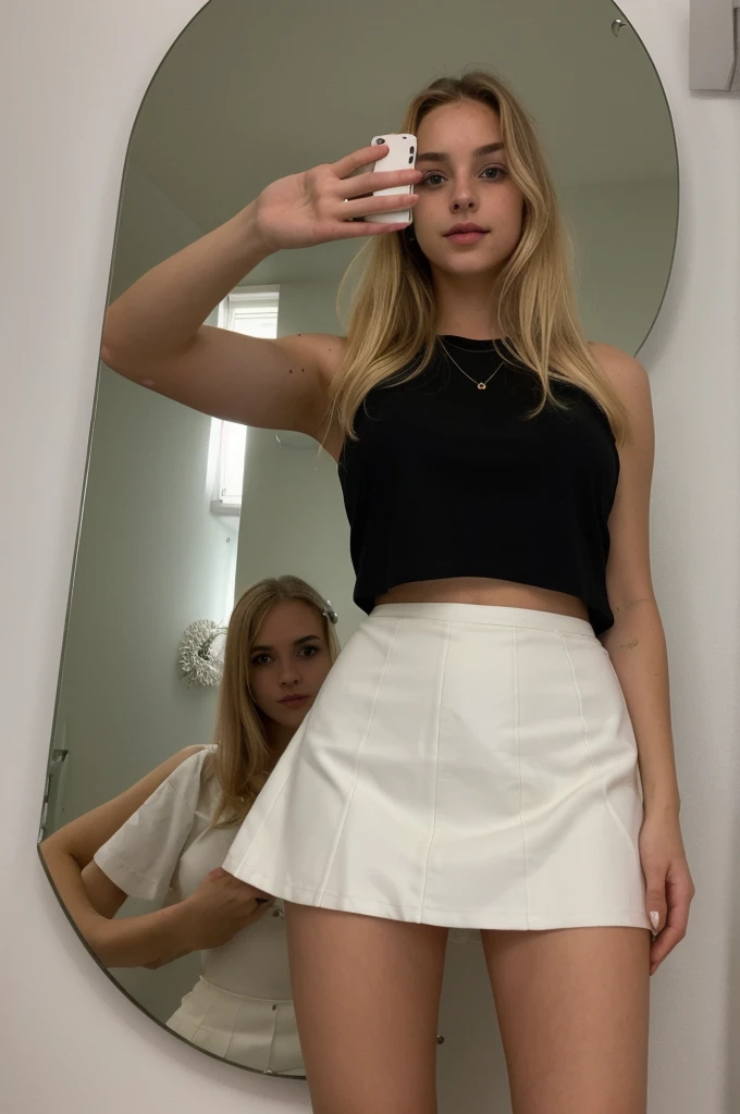 Photo en mode selfie dans un miroir, beautiful blonde, very detailed, 23 ans, in mini skirt, natural beauty, visage innocent, Longhaire, high resolution, head of'artwork, best quality, intricate details, very detailed, sharpness, detailed skin, texture de peau realistic, texture, detailed eyes, Professionnel, 4K, charming smile, shot with Canon, 85mm, shallow depth of field, Kodak Vision Color, corps parfaitement ajusté , extremely detailed, la photographie_(ultra), photorealistic, realistic, Post-traitement, Maximum details, roughness, real life, ultra realistic, photorealism, la photographie, 8K UHD, la photographie, tetas grandes