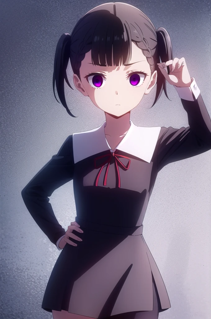 makishijou, maki shijou, bangs, blunt bangs, (purple eyes:1.1), twintails, two side up, braid, short twintails,
BREAK long sleeves, dress, ribbon, , black dress, red ribbon, neck ribbon, collared dress, shuuchiin academy ,
BREAK outdoors,
BREAK looking at viewer, (cowboy shot:1.5),
BREAK (masterpiece:1.2), best quality, high resolution, unity 8k wallpaper, (illustration:0.8), (beautiful detailed eyes:1.6), extremely detailed face, perfect lighting, extremely detailed CG, (perfect hands, perfect anatomy),