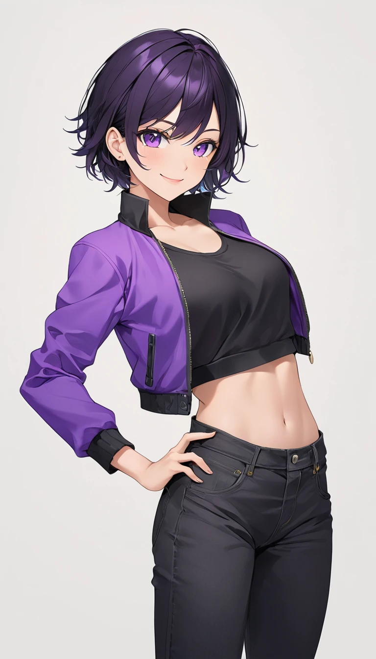 High-resolution anime digital art, Masterpiece, upper full body, tomboy, mature, sexy, smart, hair color black, short pitch black hair, real detail eyes pupil purple, Crop Top black, Long black jeans, Purple jacket, Smiling, dynamic Pose. (simple background, white background)