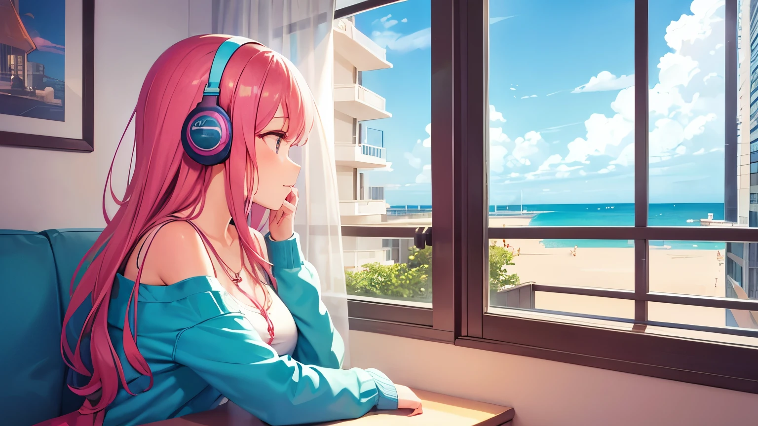 City Pop Style, A girl is listening to music from inside the room, Outside the window is the beach, The girl is looking out the window