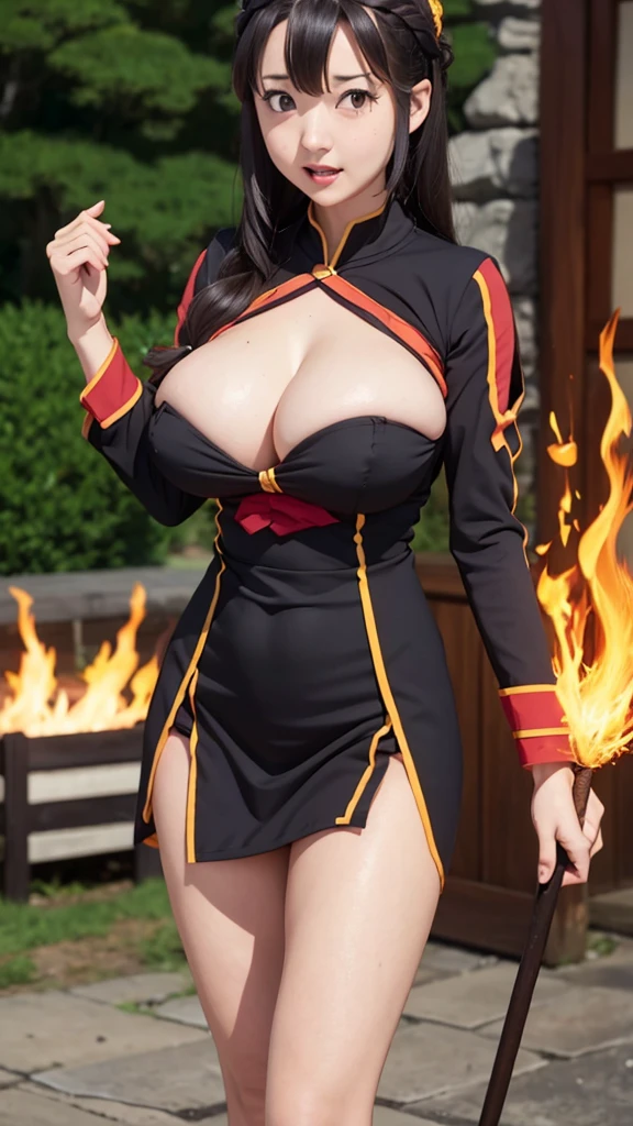 Yunyun from Konosuba、Huge breasts、Saggy breasts、Fire magic comes out of the wand、Magic goes out of control and attacks Subaru of Re:Zero、Yunyun looks flustered