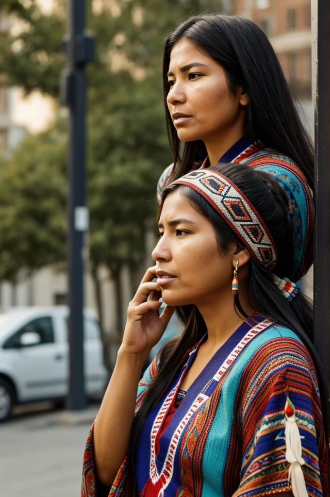 Indigenous woman talking on cell phone