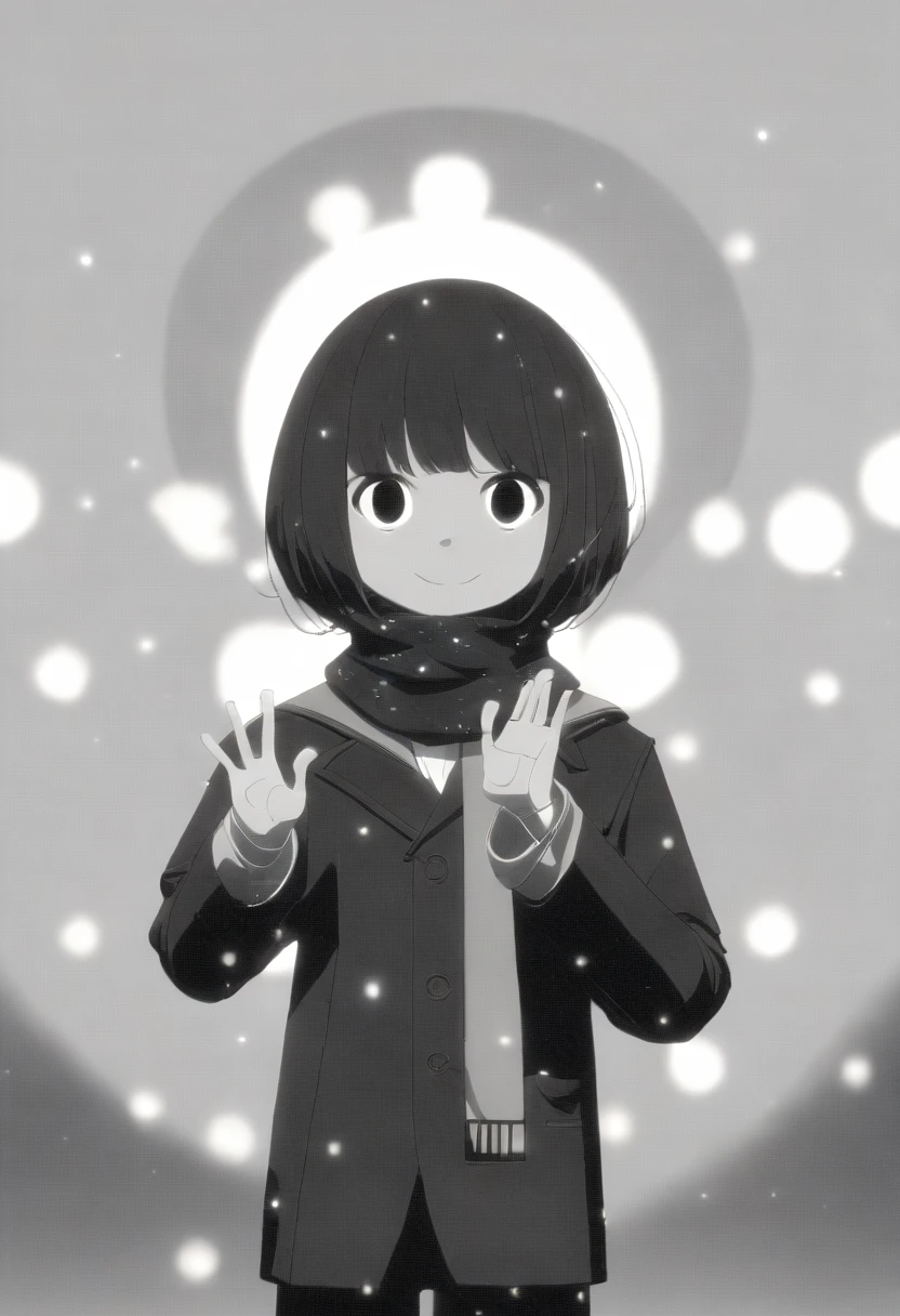 masterpiece, best quality, 1girl mamerakkkkko, grayscale, manga style, japanese, chi no wadachi, black eyes, street, iced, black hair, smile, lineart, black coat, black scarf, black pants, centered, 18 years old, tall, fair skinned, bokeh background, bob cut, light particles, centered, snowing, (((reaching out left hand to viewer, perfect hand, detailed hand:1.1)), emotional anime scene, (very aesthetic, best quality, ultra detailed), intricate details