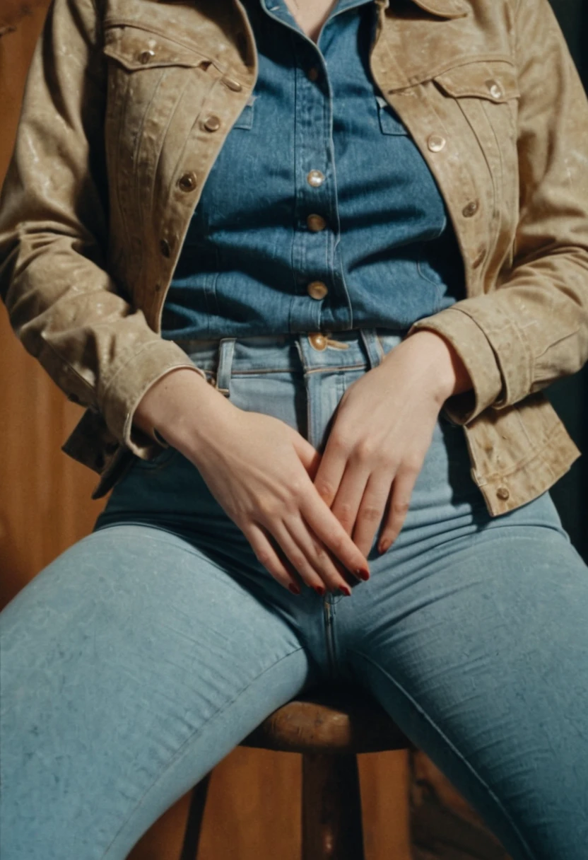 close-up, vulnerable shy ordinary woman, high waist mud covered flared (jeans), dirty jacket, blouse, caught in her sexual fetish session, 70s setting photo, deep focus, vintage film grain, retro color grading, soft lighting, ((teasing with her ass in levis jeans))