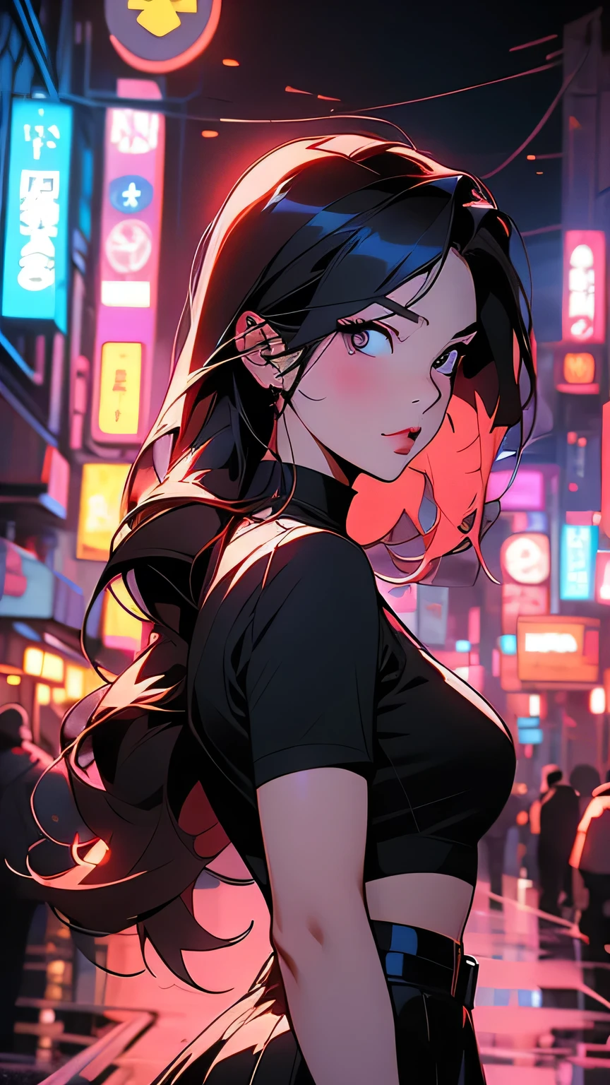 Anime girl standing on a city street wearing a leather skirt and black erotic underwear, Ilya Kuvshinov with long hair, Guviz style artwork, Anime Art Wallpapers 8K, Art Station「Pysif」Mr. Gwitz, ピシヴArt Stationのグウィズ, Cyberpunk anime art, (Dynamic pose)、 masterpiece, 最high quality, high quality, High resolution、(Upper body portrait)