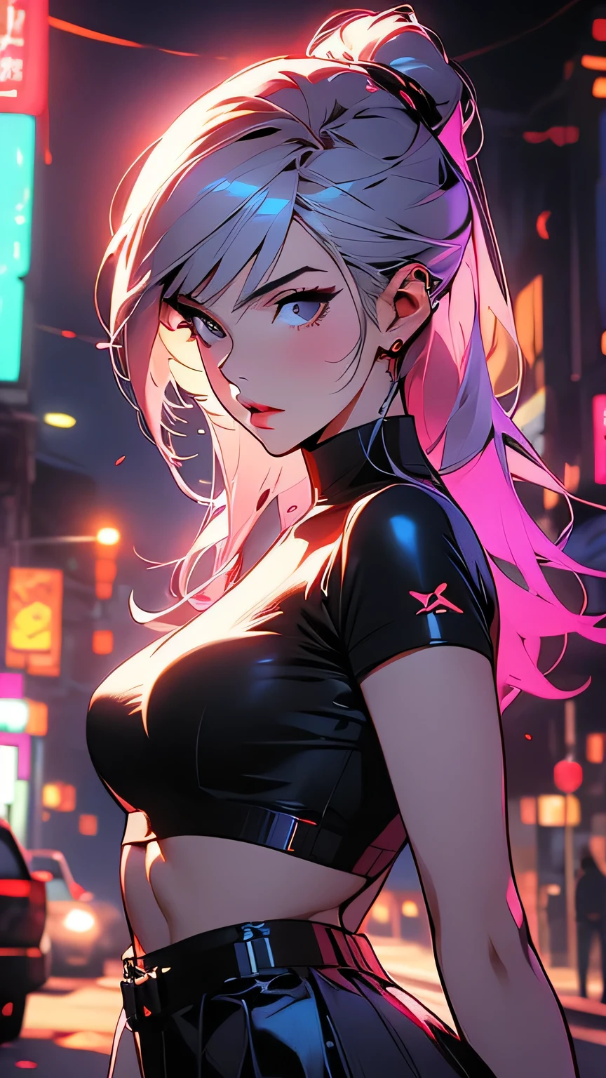 realistic, 1girl, ponytail, parted lips, blush, makeup, light smile, white hair, sportswear, skirt, wet clothes, glow, thighs, purple eye, bare shoulders, collarbone, narrow waist, sunbeam, sunlight, rose, wind, cleavage, (masterpiece), sweat, (best quality:1.2),solo,1girl,mdrin,smile,looking at viewer,crossed arms,ponytail,v-shaped eyebrows,white jacket,red shirt,fingerless gloves,black skirt,choker