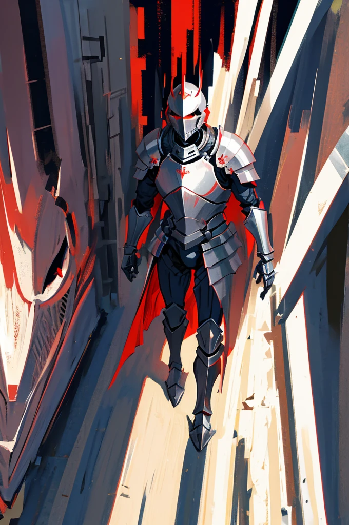 armored male knight, medieval ages, red eyes, intimidating, nighttime, alone, cool helmet