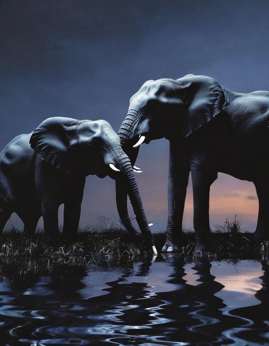 elephants kissing in black water, sunset background