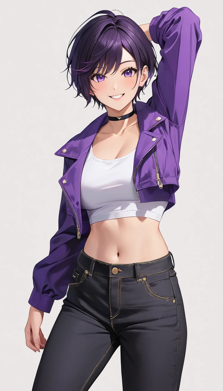 High-resolution anime digital art, Masterpiece, upper full body, tomboy, mature, sexy, smart, hair color black, short pitch black hair, real detail eyes pupil purple, Crop Top black, Long black jeans, Purple jacket, black plains choker, Smiling, dynamic Pose. (simple background, white background)