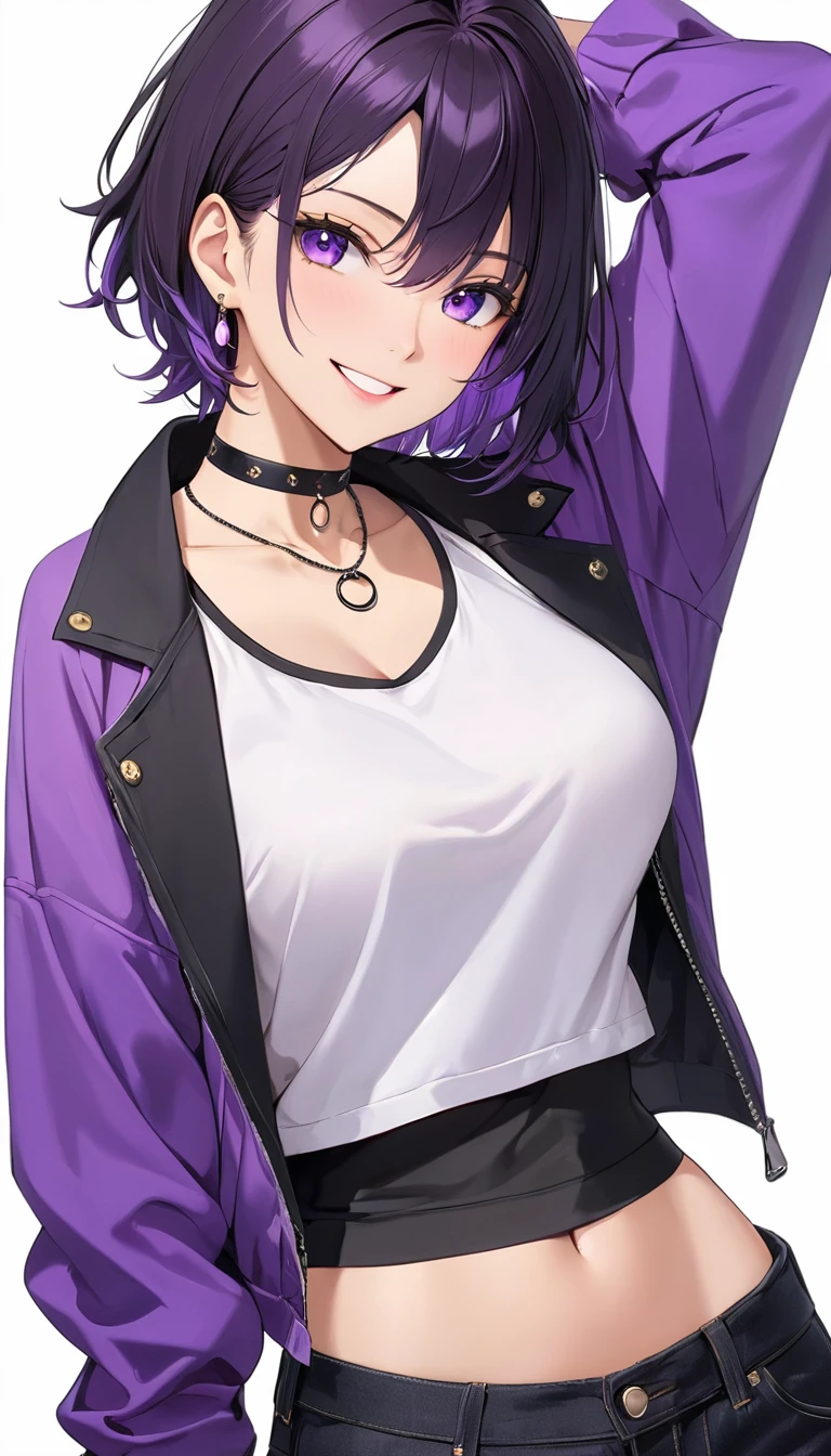 High-resolution anime digital art, Masterpiece, upper full body, tomboy, mature, sexy, smart, hair color black, short pitch black hair, real detail eyes pupil purple, Crop Top black, Long black jeans, Purple jacket, black plains choker, Smiling, dynamic Pose. (simple background, white background)