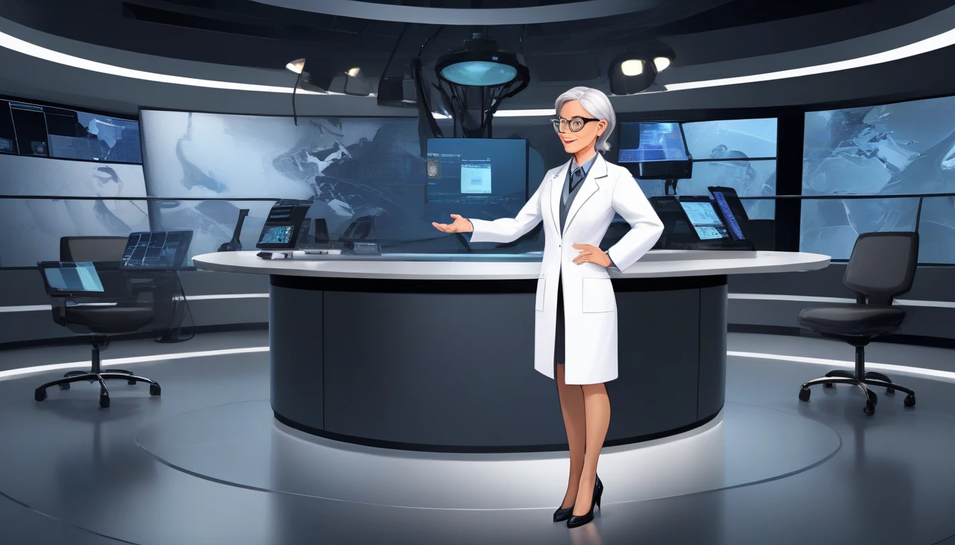 television studio, modern decor, sophisticated environment, round glass table, elegant presenter, suit, microphone, experts, Dr. Miguel, white coat, stethoscope, engineer, dark suit, tablet, scientist, lab coat, protective glasses, Professor Charlotte Miller, gray hair, skirt and blazer set, respectable figure, high technology, screens, graphics, nanotechnology images, atmosphere of innovation, concentrated expressions, inviting gesture, attentive audience